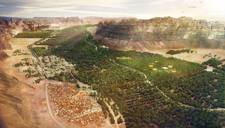 Oasis and sandstone landscape in AlUla, Saudi Arabia