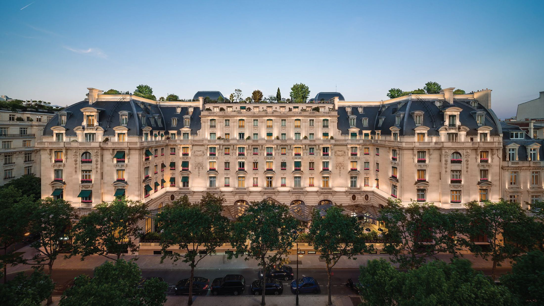 The Peninsula Paris hotel facade at dusk